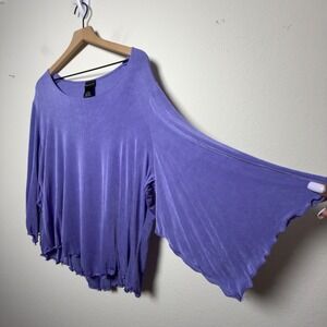 Citiknits Women 2X Slinky Top Flare Sleeve Lettuce Hem Top Purple Boho Western